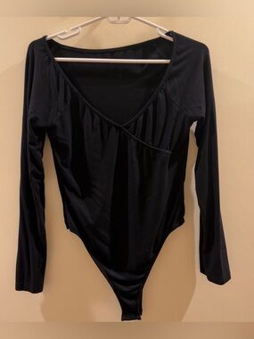 Commense Black Long-Sleeve V-Neck Wrap-Detail Bodysuit